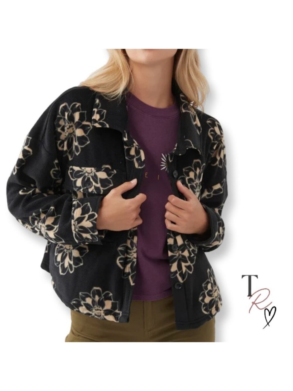 O’Neill Fleece Button Sherpa Coastal Surf Gorpcore Jacket Black Floral Size M